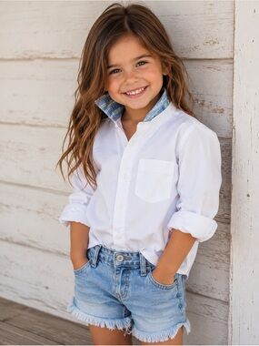 Toddler White Button-Up Shirt with handmade Peach & Blue Flower Appliqués by me.